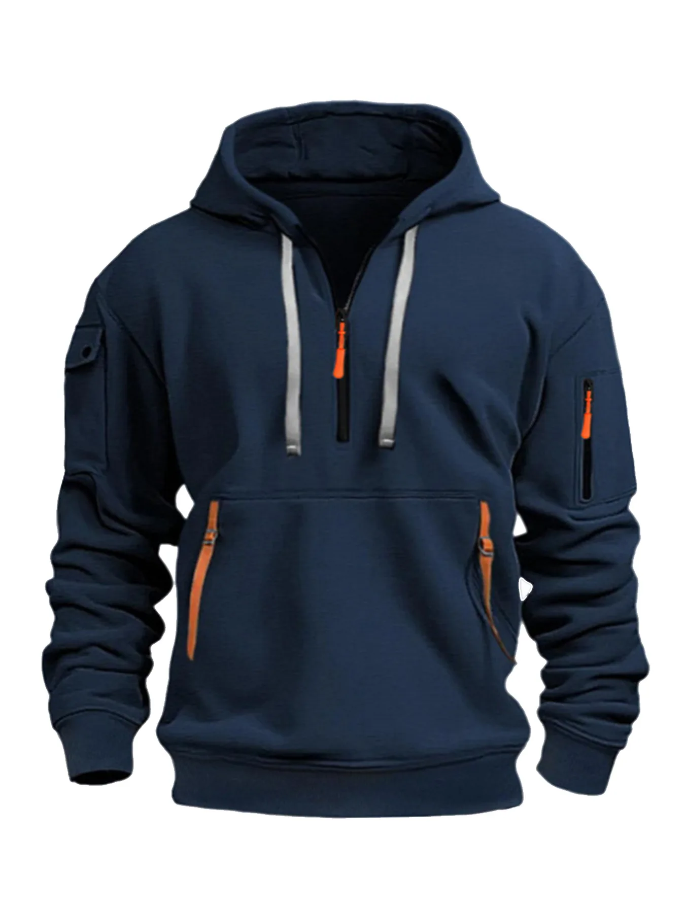 

The 2025 new European and American men's hooded fashion sweatshirt features kangaroo pockets and webbing zippers