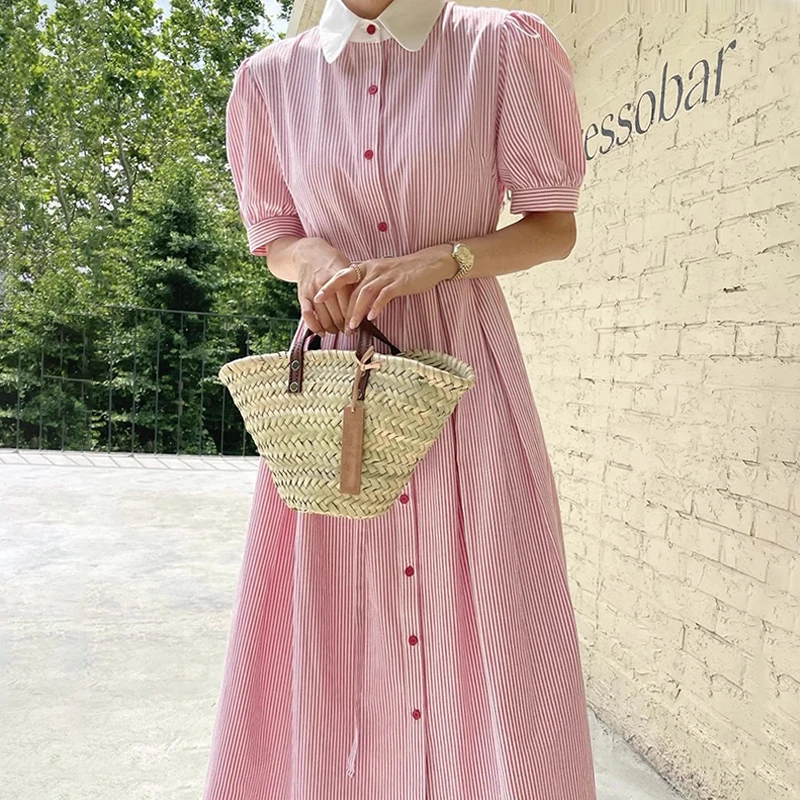 Retro Striped Waist-Cinching Long Dr Women's Ele Summer Slimming Midi Dr Bubble Sve irt Collar Single Button