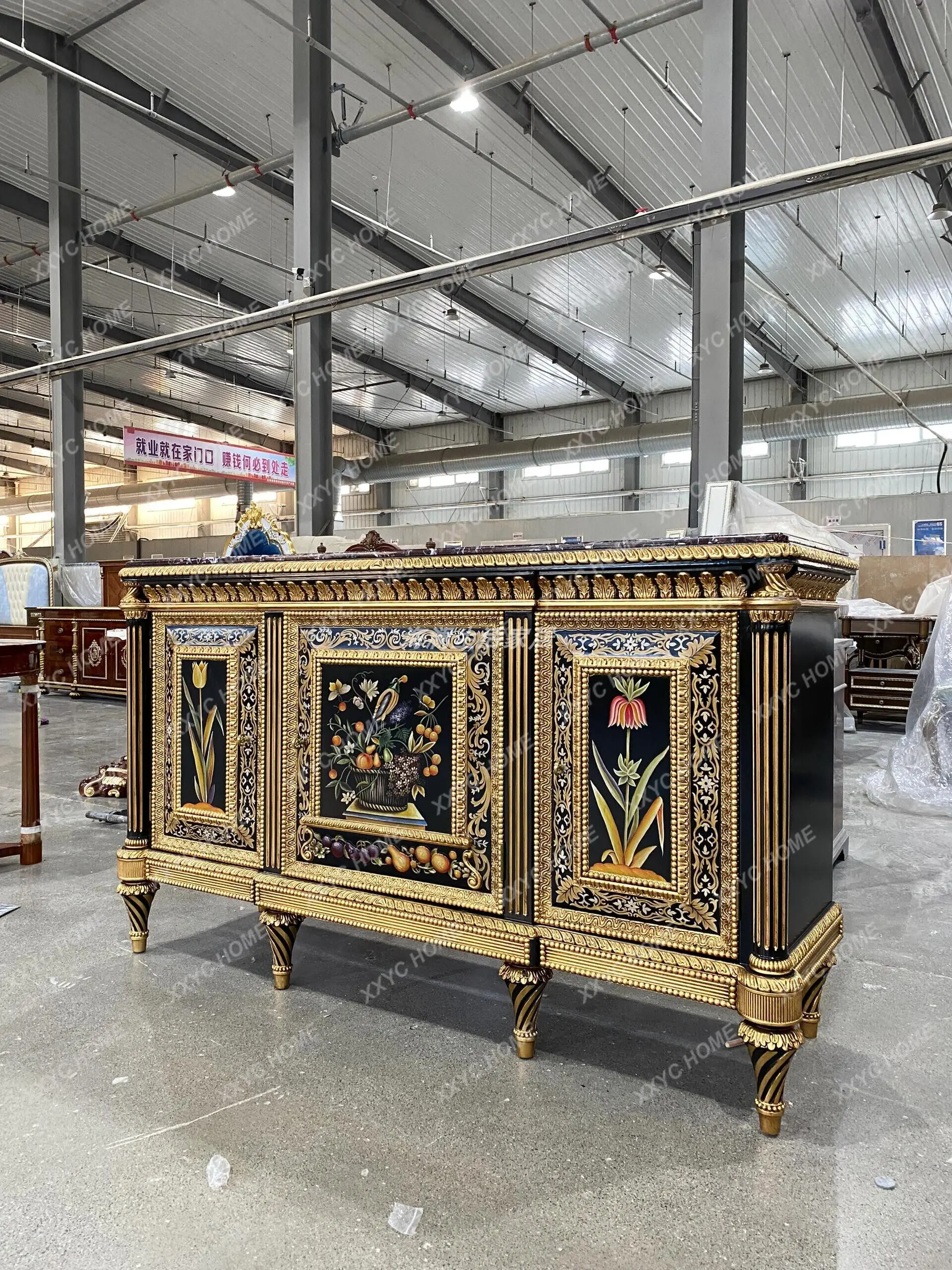 art painted dining side cabinet American villa luxury entrance cabinet solid wood carving flower shoe cabinet