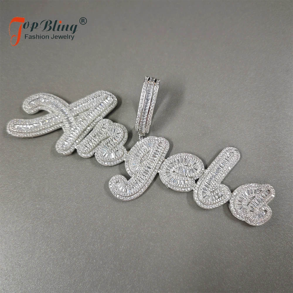 

TopBling Custom Baguettecz Cursive Name Pendant Necklaces Iced Out CZ Letter Charms Necklace Fashion Hip Hop Jewelry for Gift