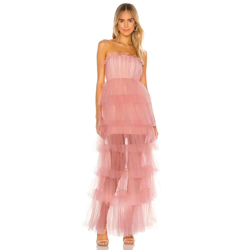 

Beauty Tull Evening Gown For Wedding A Line Women's Formal Prom Dress Strapless Party Dress Ankel Length Tiered Ruffles Dress