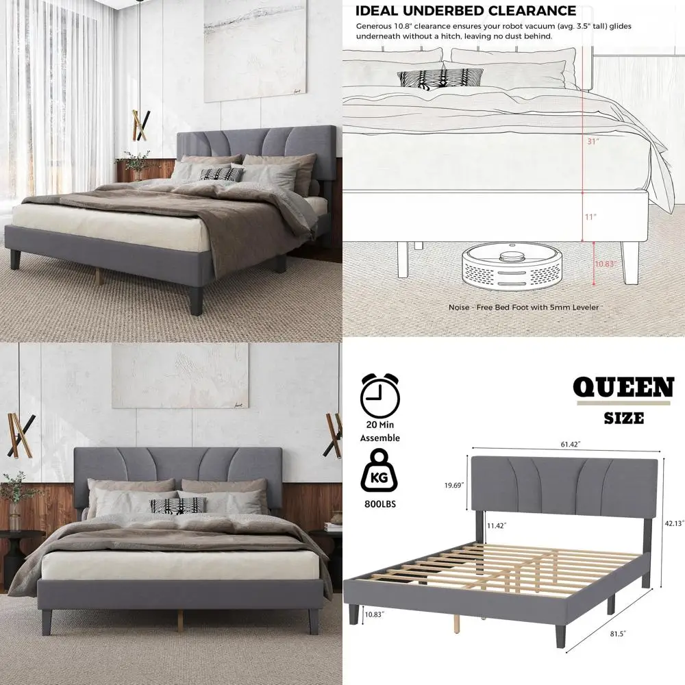 

Кровать-платформа Queen Size из массива каучукового дерева, усиленная конструкция, грузоподъемность 800 фунтов, с серой обивкой, бесшумная, без пружинного блока, простая сборка.
