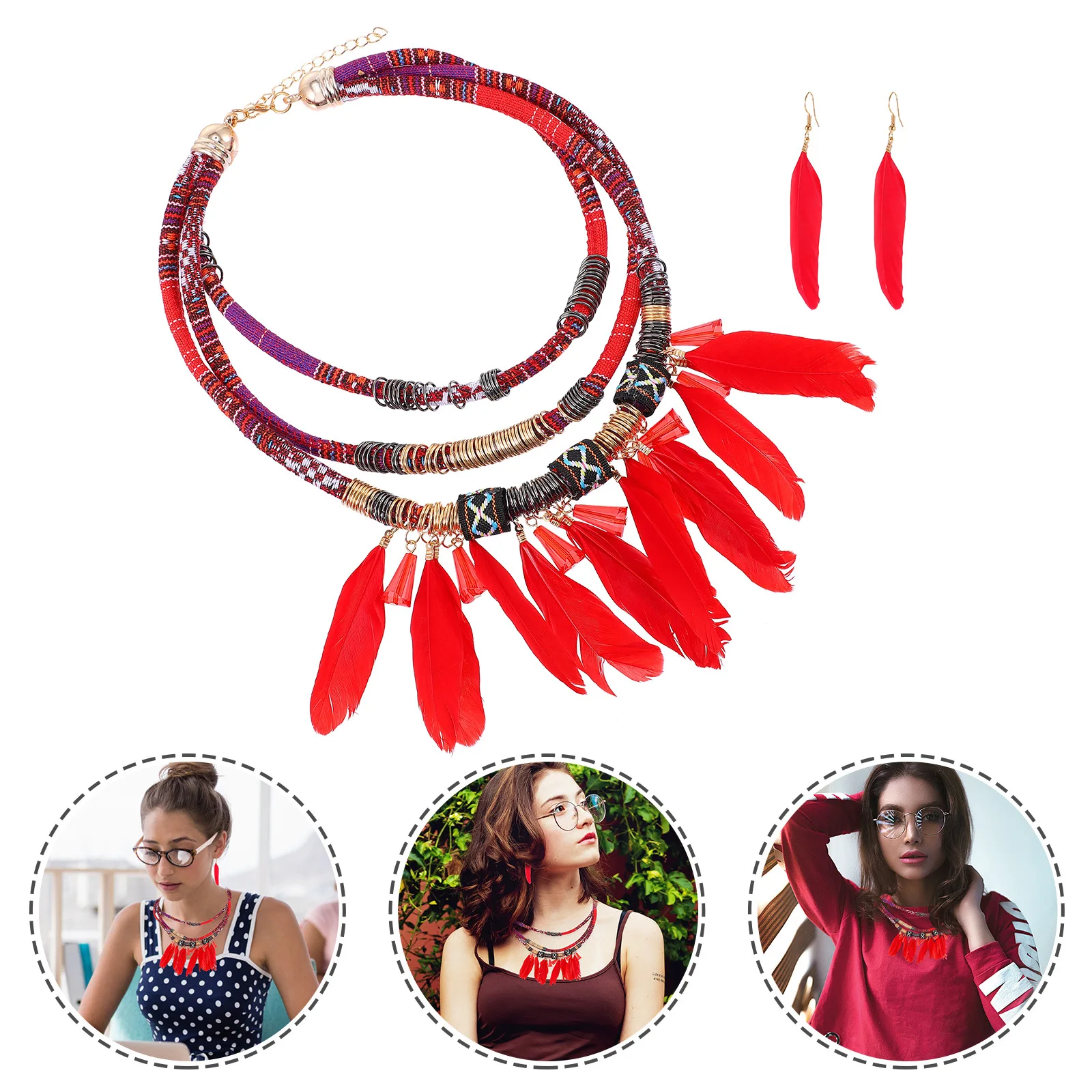 1 Set 1 Set Schmuckset mit Fransen, mehrschichtige Legierung, Halskette, Ohrringe, Retro-Fantasie-Halsband, zartes Geschenk für Frauen