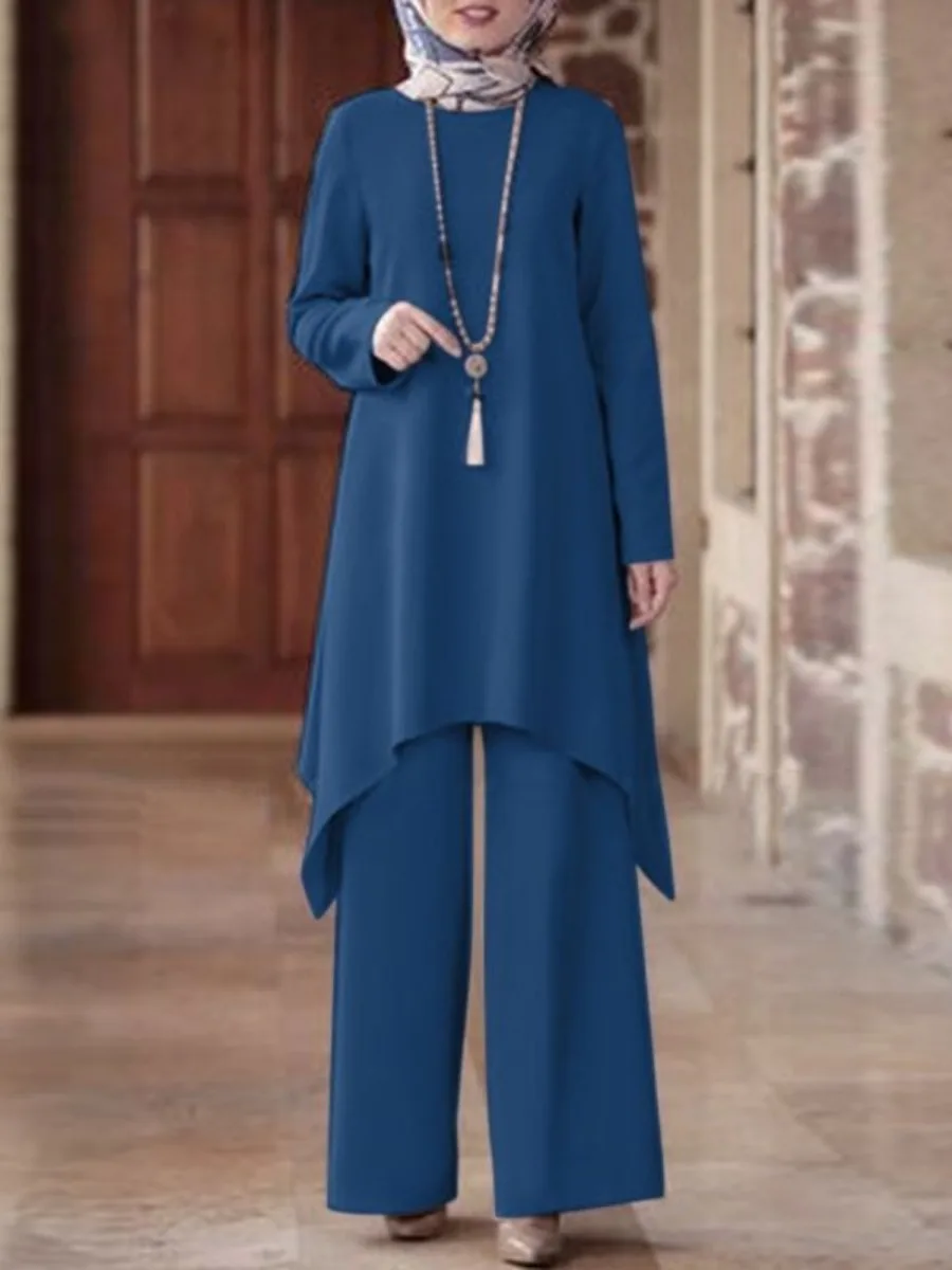 Ramadan Muslim Women Two Piece Sets Shirt &Pants Solid Suits Shirt Blouse Musulman Ensembles Moroccan Kaftan Islamic Dress Sets