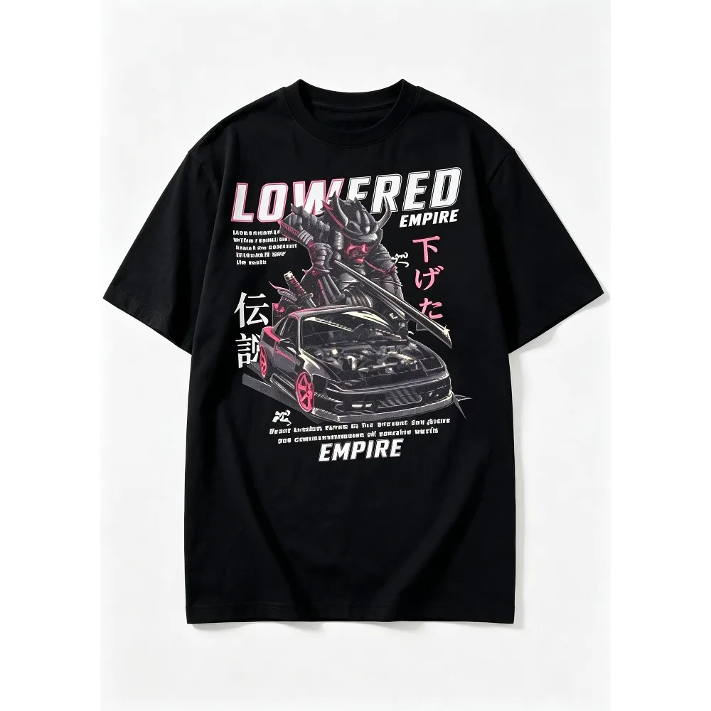 2026 New Men O-neck Short Sleeve Tops Japanese Style Samurai JDM Modified Car Art Print LOWERED EMPIRE Logo
