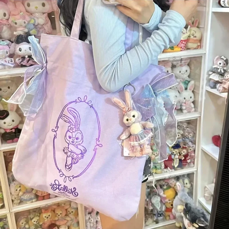 Miniso Disney Linnabelle Cute Purple Handbags Kawaii Cartoon Printed Shoulder Bags Girls Large Capacity Shopping Bag Women's Bag