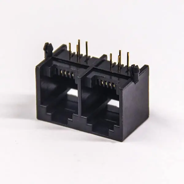 RJ9 6P4C Jack Connector 1x2 port 90° Black Unshielded Without LEDS Through Hole