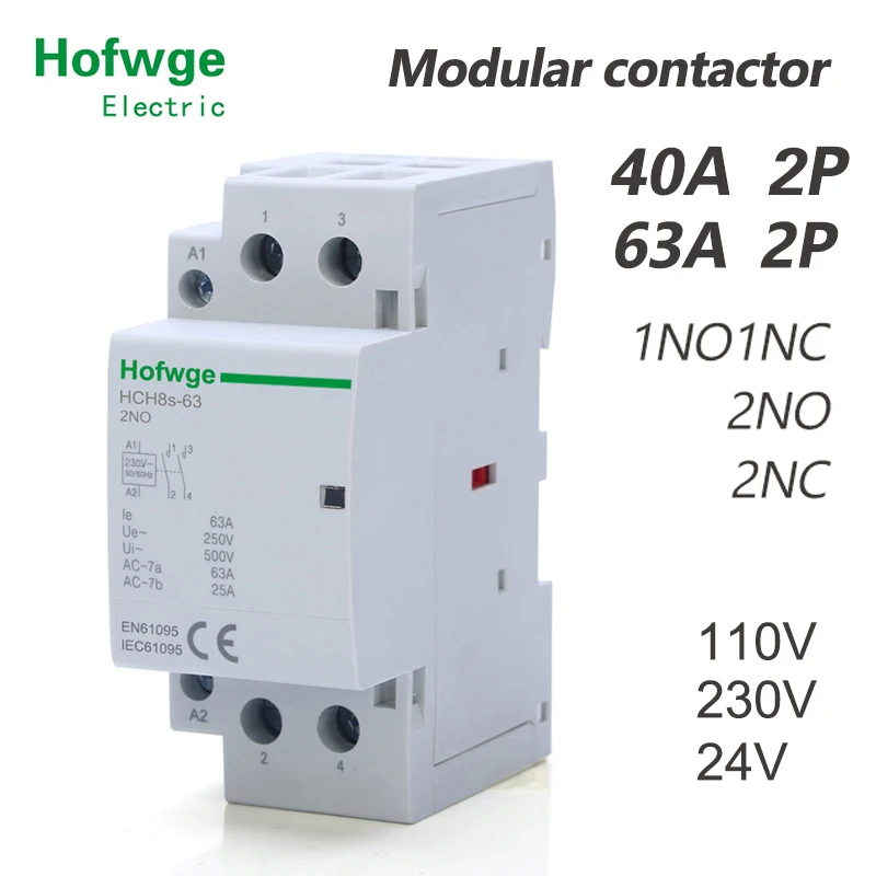 HCH8s-63 Household Contactor 2P 40A 63A 2NO or 2NC  1NO1NC 24V 110V  220V Automatic  Contactor Din Rail Type