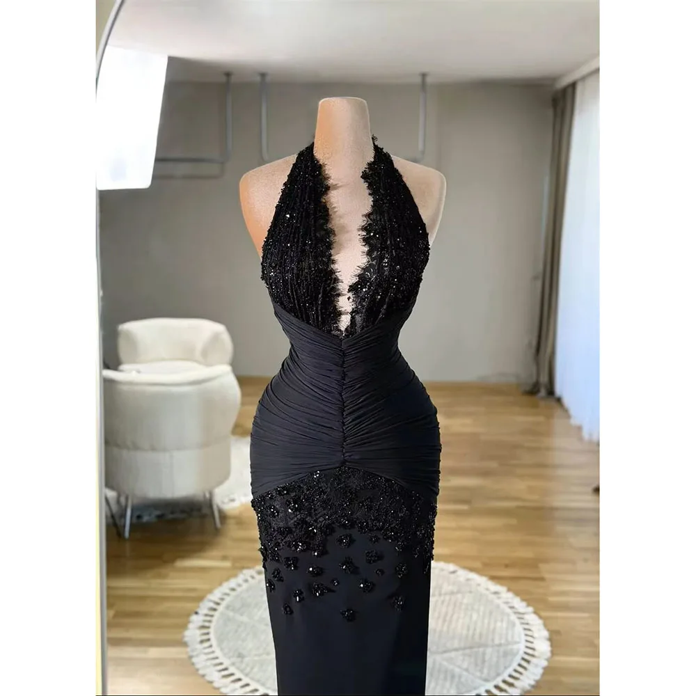 Customized Black Lace فساتين سهرة Sequins Evening Dresses Sleeveless Floor-Length Vestidos De Noiva Halter Neck Mermaid Gowns image 2