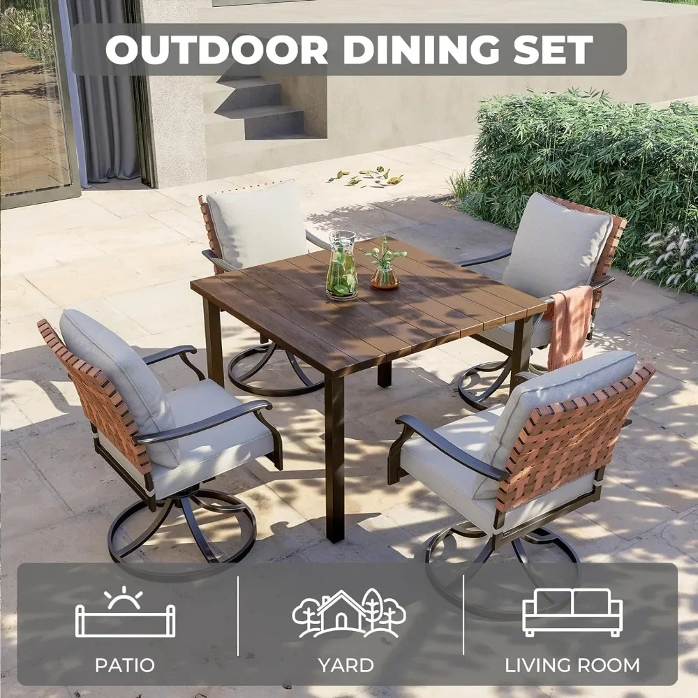 5-Piece Outdoor Dining Set, 4 Leather-Look Wicker Swivel Patio Chairs & 1 Square Woodgrain Dining Table, Brown