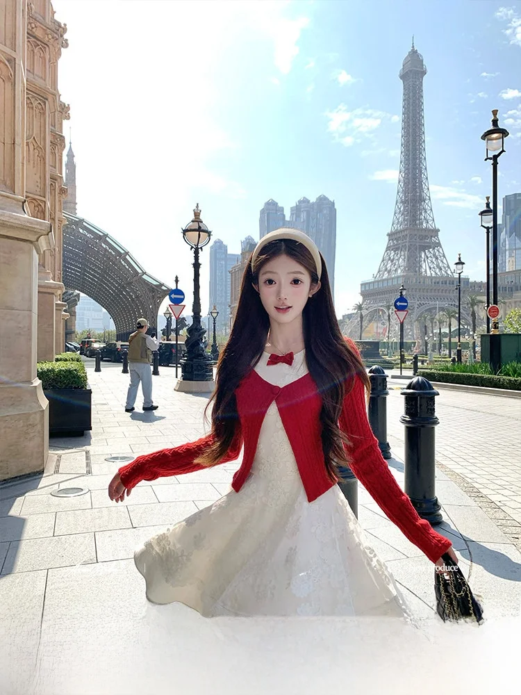 

Acaine Sweet Tea Milk Cream Red Long White Embroidery Dress Women's Spring A-Line Skirt Elegant Style Long Sleeve Slim Fit