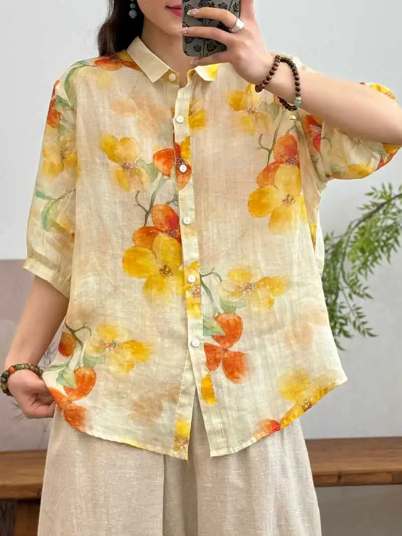 

100% Linen ramie women's summer blouse Japan style breathable tie-dye oil painting print shirts and blouses long sleeve tops