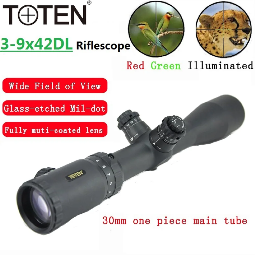 

Toten 3-9x42 Riflescope Turret Lock Wide Angle Mil-dot Illuminated Optical Sight Waterpoof Target Tactical Scope For .223 .308