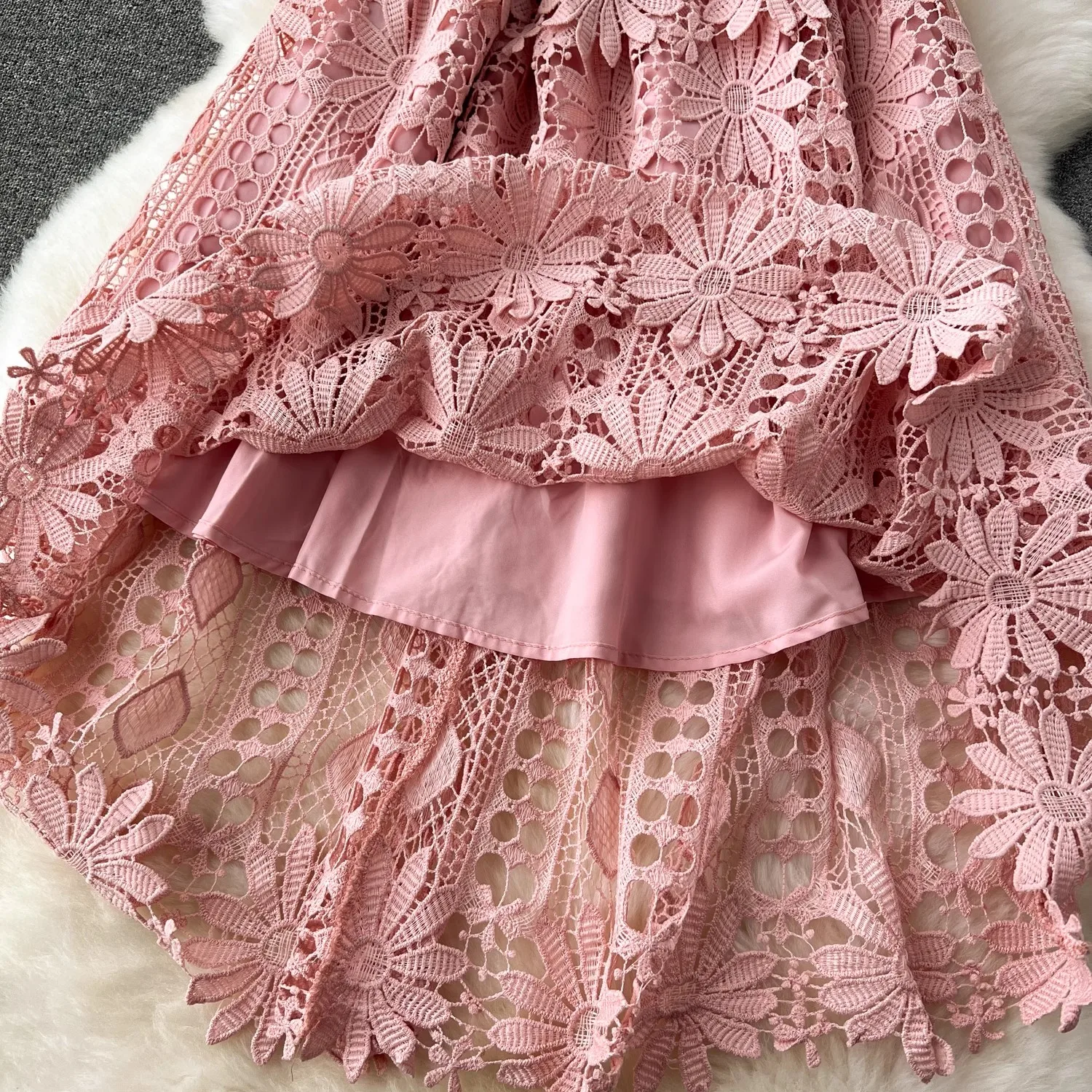 Runway Crochet Hollow Out Pink Midi Lace Dress for Women 2024 Summer Short Sleeve Embroidery Party Dress Elegant Holiday Robe