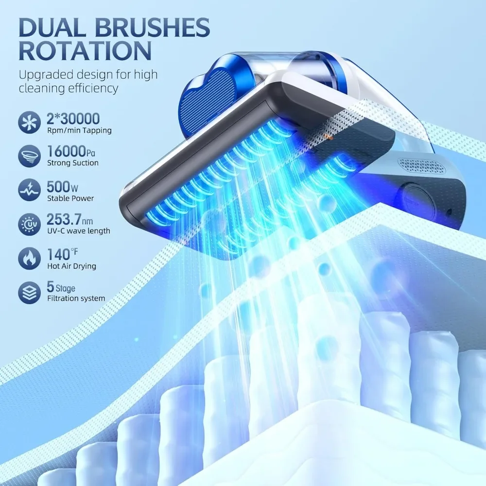 Mattress Vacuum Cleaner with 16Kpa Suction 253.7nm UV-C Light, & HEPA Filter & Heating & Ultrasonic Tech