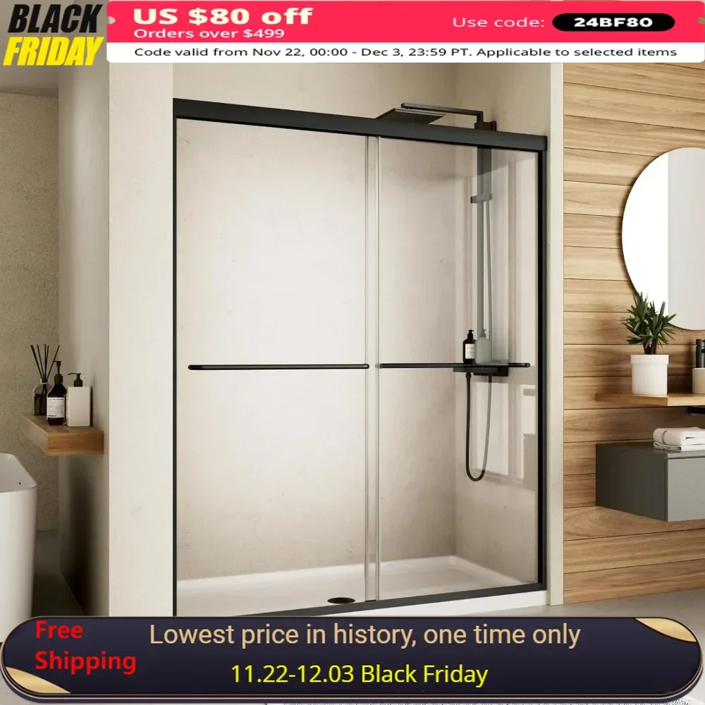 

Shower Door, 48" W, Semi-Frameless Dual Sliding Glass, Clear Tempered Glass, Bypass Shower Furniture, Bathroom Glasss Doors