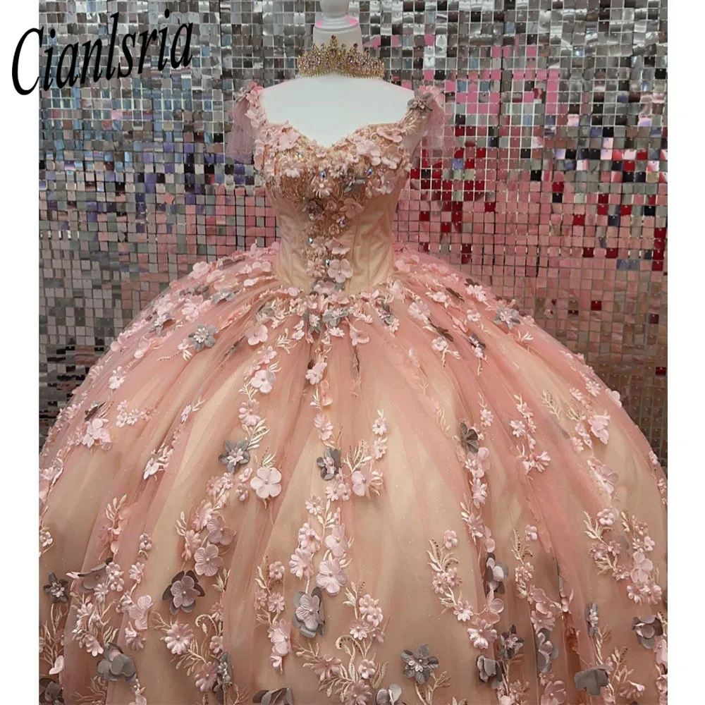 Gaun Quinceanera gaun applique 3D gaun pesta bunga buatan tangan Sweetheart Vestidos De 15 aunya