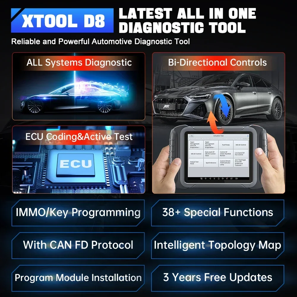 XTOOL D8 All System Diagnostic Tool 38+ Reset Functions OBDII Scanner ECU Coding PMI Functions Car Tools Active Test Free Update