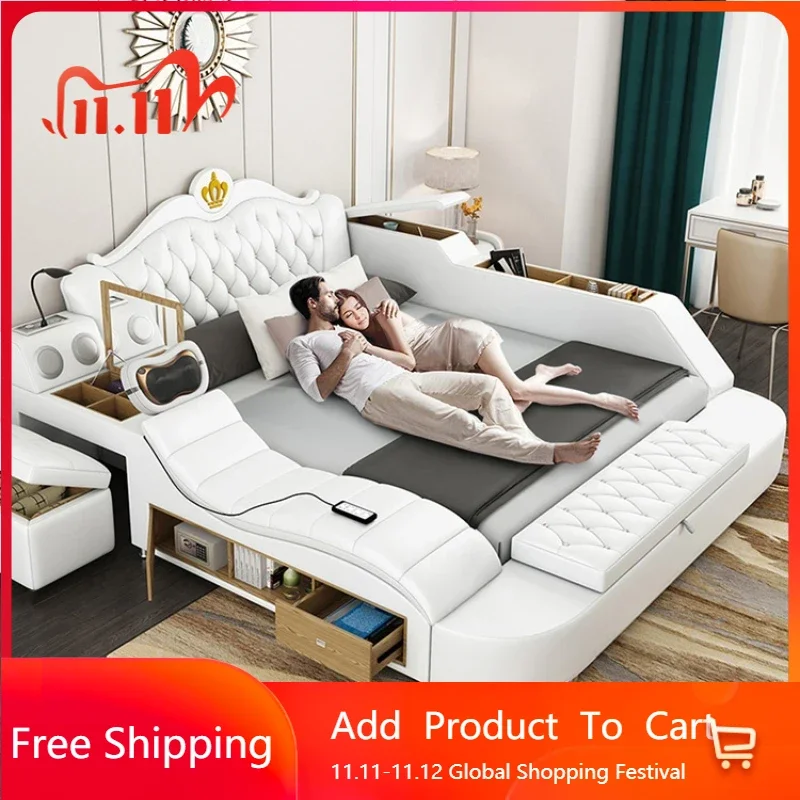 

Безопасная принцесса, роскошная двуспальная кровать для хранения, дом-массажер, вилла, кожаная кровать для взрослых, легкая развлекательная кровать Cama, модная мебель
