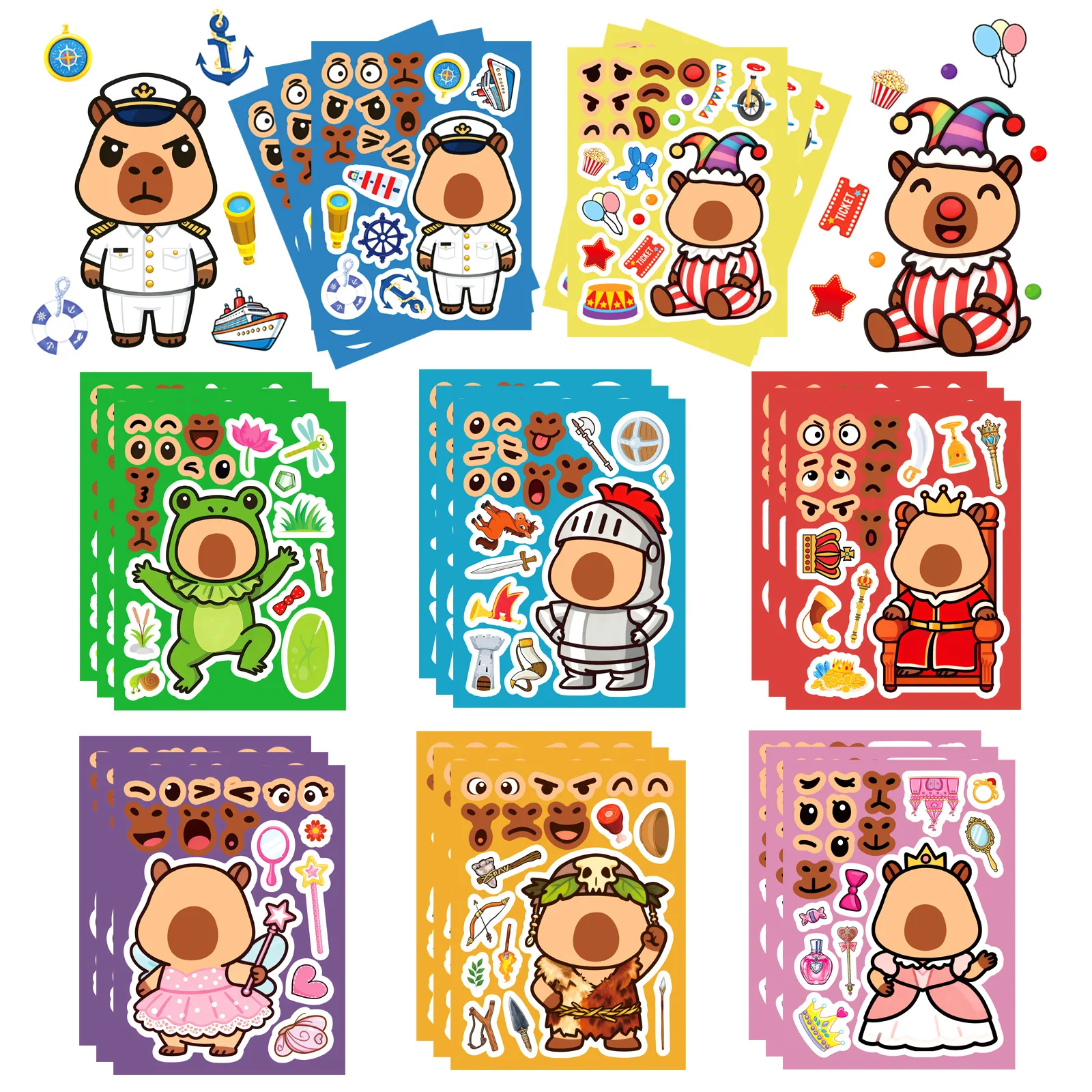 8/16 Blatt süße Cartoon Capybara Make-a-Face Puzzle Aufkleber DIY Telefon Laptop Gepäck Skateboard Graffiti Aufkleber Spaß für Kind Geschenk