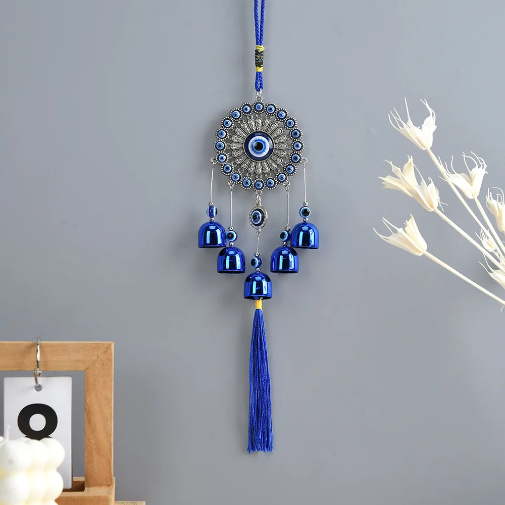 

D5 Sunflower Evil Eye Wind Chimes Lucky Turkish Blue Eye Bead Tassel Wind Bell Wall Hanging Decor Amulet Protection Car Pendant
