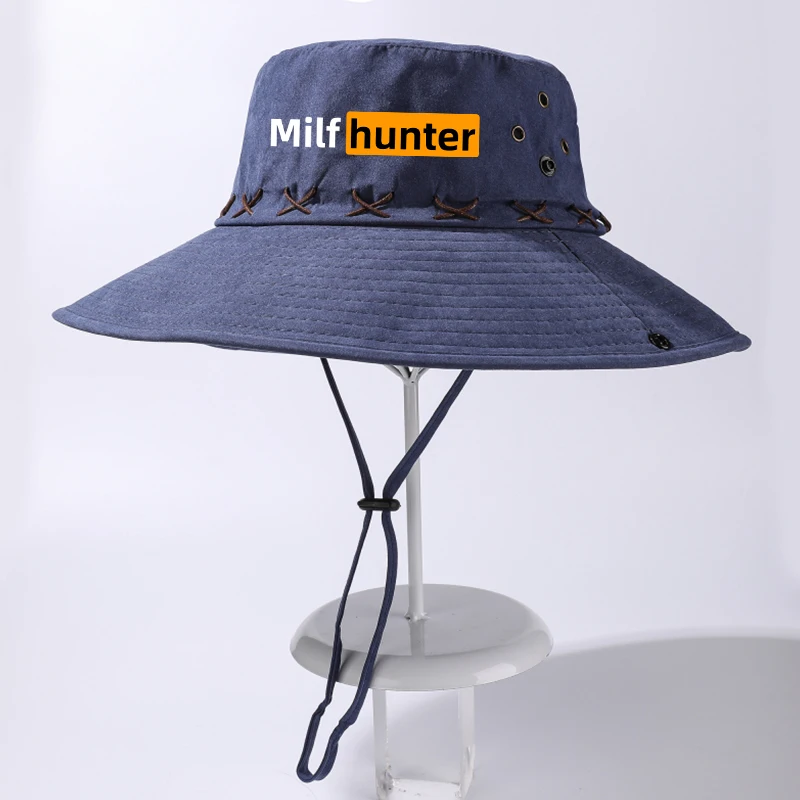 Milf Hunter Print Retro Outdoor Hiking Hat Men 10cm Wide Brim Sun Hat UV Protection Fishing Safari Cap Fixed WindRope Bucket Hat