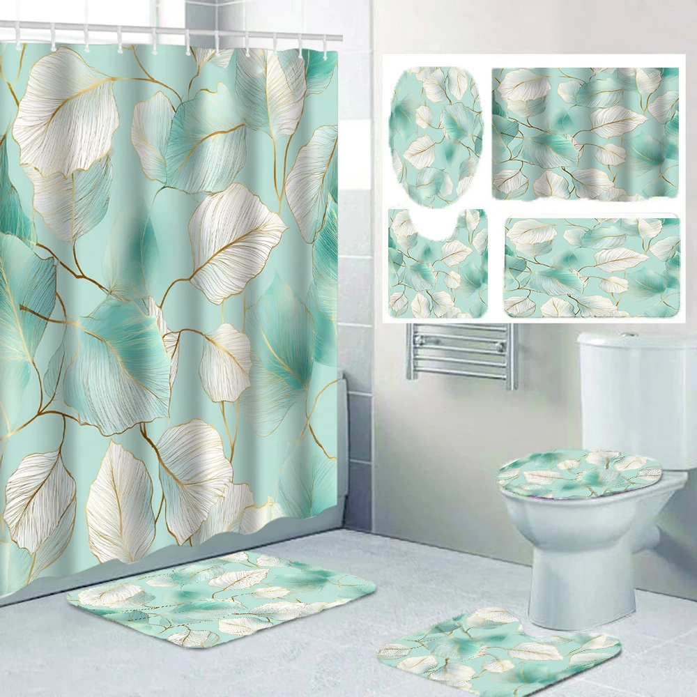 4-piece set of marble textured patterned bathroom curtains, including shower curtains, bath mats, and U-shaped floor mats,