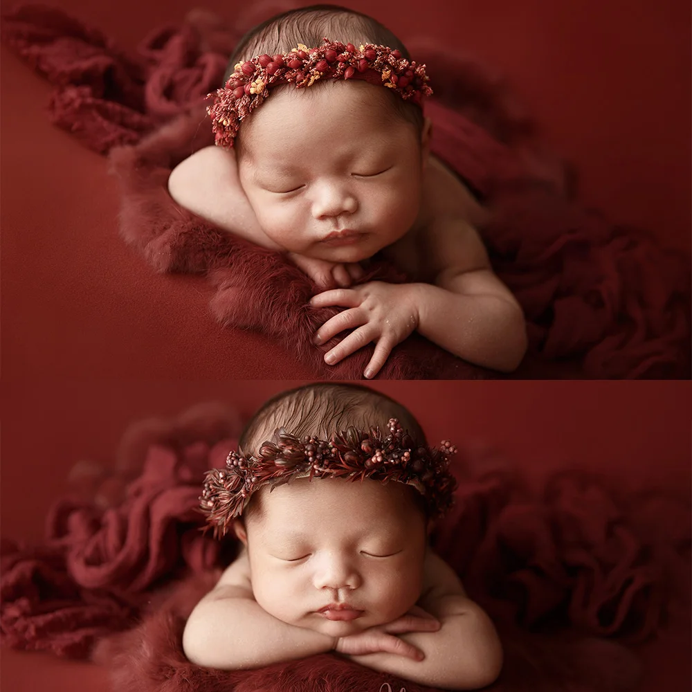 0-1 Month Newborn Photography Props Soft High Stretch Wraps Headflower Rabbit Blanket Background Studio Photoshoot Red Theme Set