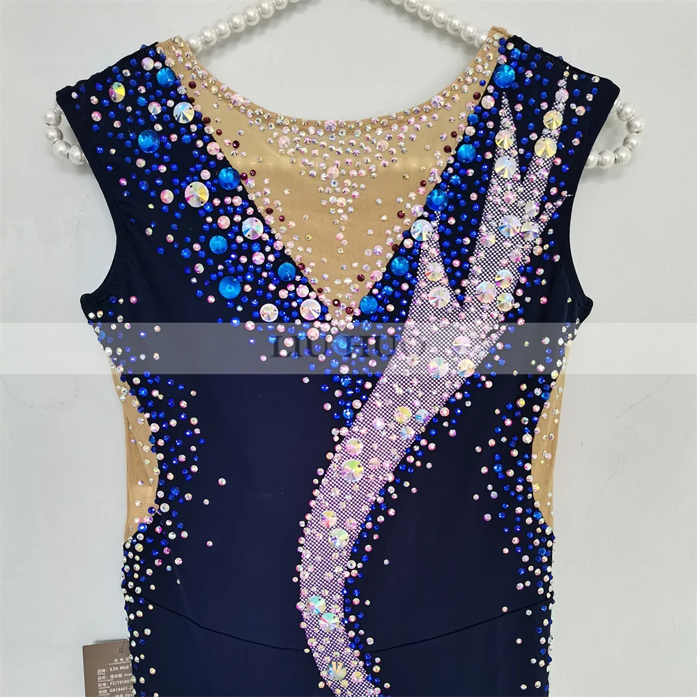 LIUHUO Rhythmic Gymnastics Leotard Customize Women Girl Costume Performance Competition Dress Aerobics Jumpsuit Teen Navy Blue