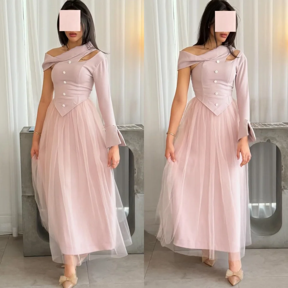 

Customized Exquisite Off the Shoulder Long Sleeves Evening Dress High Quality Buttons Prom Dresses Delicate Bridal Party Gowns