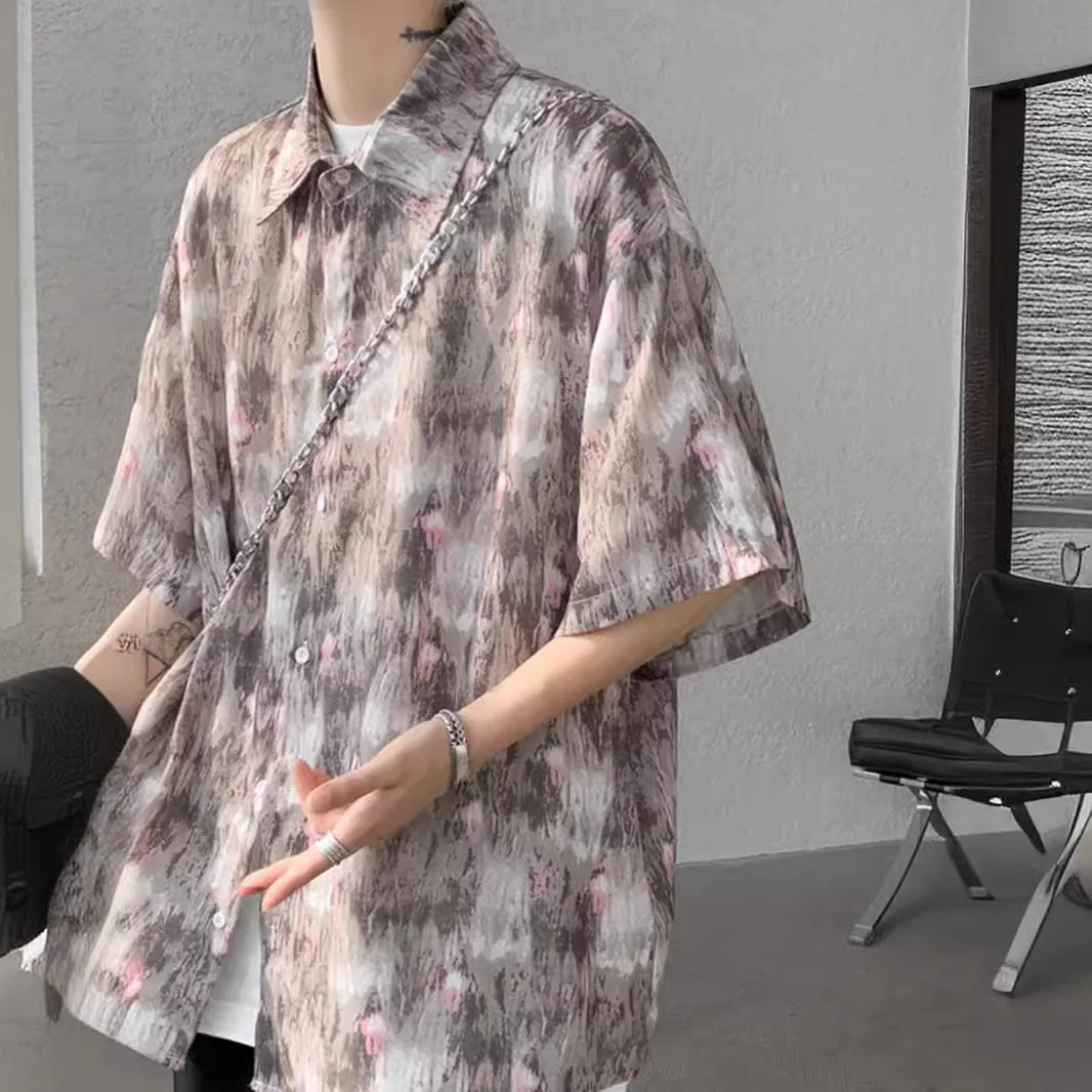 Wear Tie-dye Short-sleeved Shirt Men's Summer Retro Flower Shirt Ice Silk Jacket