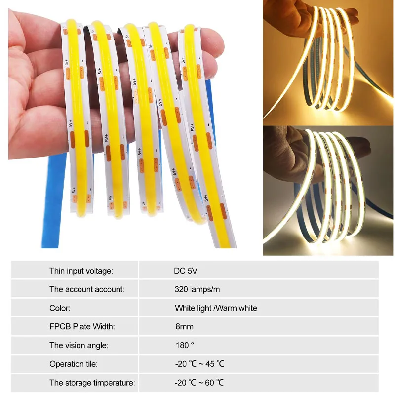 5V USB ON/OFF COB Strip 320Leds White/ Warm White Light for Home Decor Cabinet Lamp Flexible Ribbon Rope LED Light