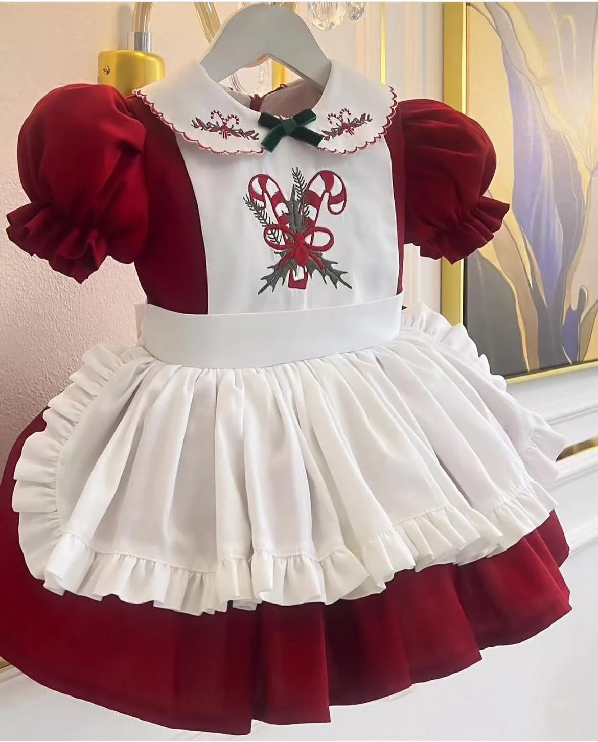 0-12Y Baby Girl Autumn Winter Cane Embroidery Vintage Red Velvet Dress for Birthday Photography Holiday Eid Christmas C338