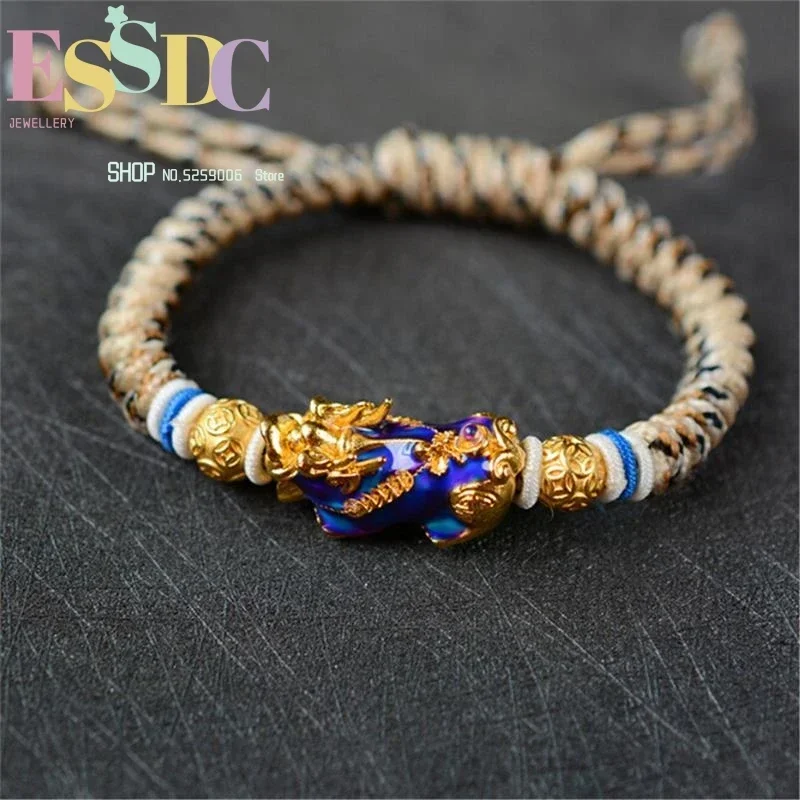 Fashion Men's Change Color Pixiu Charm  Bring Wealth Army Fan Outdoor Copper Handmade Lucky Rope Chain Bracelet Dropship view 4