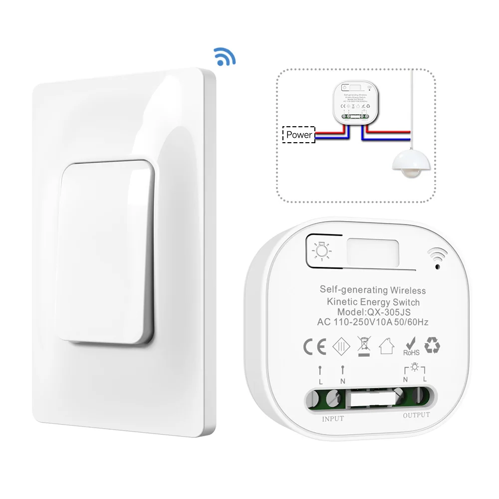 Self-powered Wireless Switch White US Standard Lifetime Free Battery  Kinetic Energy Wall Lighting Switch 100m Range