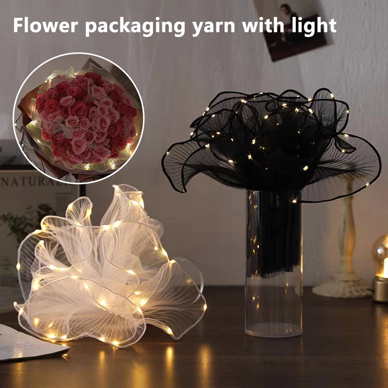 1Pcs LED Flower Wrapping Paper With Lights Lace Mesh Wave Yarn Florist Bouquet Packaging Decoration Wedding Birthday Gifts