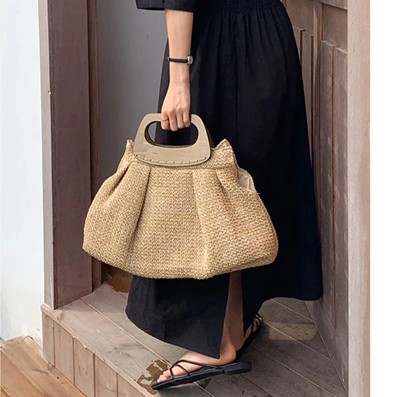 

Vintage Wooden Handle Big Woven Zipper Closure Fan Handbag Straw Bag Large Capacity Solid Color Business Beach Bags