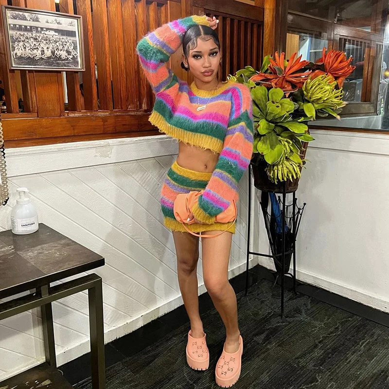 

Striped Patchwork Knitted Sweater Two Piece Dress Sets Fall Winter Long Sleeve Fluffy Crop Tops And High Waist Package Hip Dress