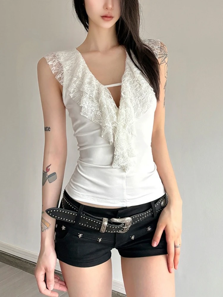 

2025 Y2k Aesthetic Lace Hollow Out Patchwork Tank Top Women Streetwear Sexy Bodycon Camisole Harajuku Fairy Grunge Cropped Vest