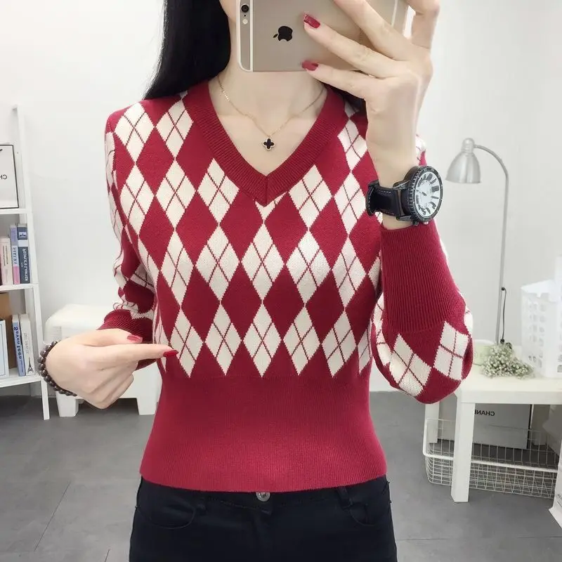 Autumn Winter New Women\'s Pullovers Argyle V-Neck High Waist Slim Appear Thin Sweaters Fashion Casual Versatile Long Sleeve Tops