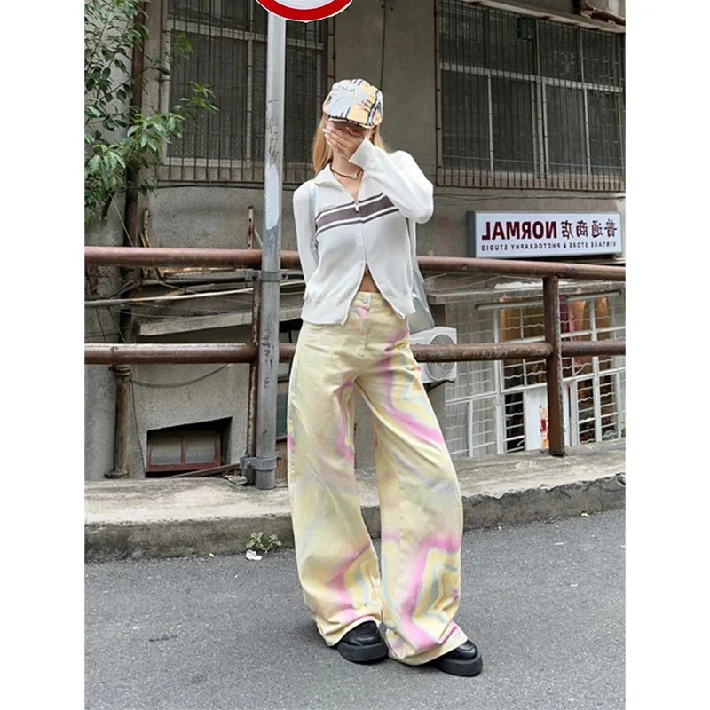 Gelbe Jeans Frauen drucken hohe Taille harajukuwide Bein Hosen y2k Stil Mode Streetwear weibliche Hosen Herbst gerade Hose