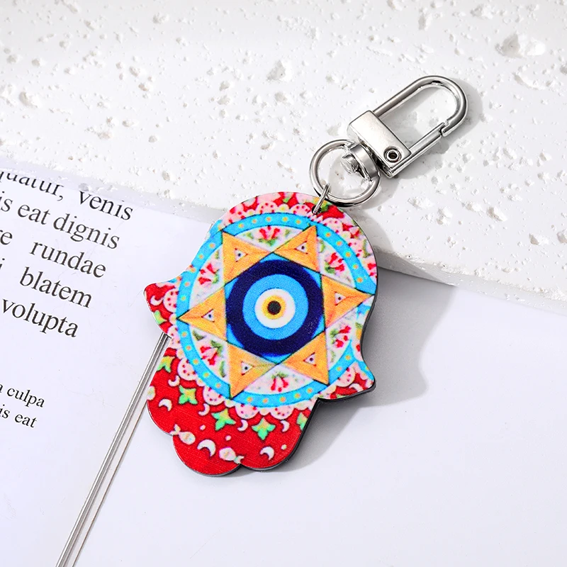 Star Flower Evil Eye Hamsa Hand Keychains Keyring New Acrylic Retro Ethnic Fatima Hand Blue Eye Bag Car Airpods Box Accessories