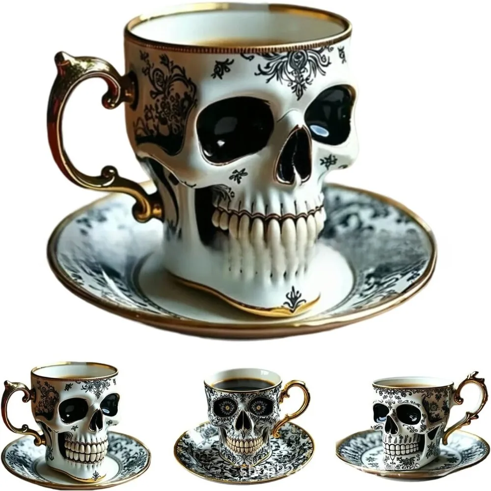 

Halloween Skull Coffee Cup with Royal Design Perfect for Horror Thriller Fans Ideal for Home Bar and Party Decoration Use