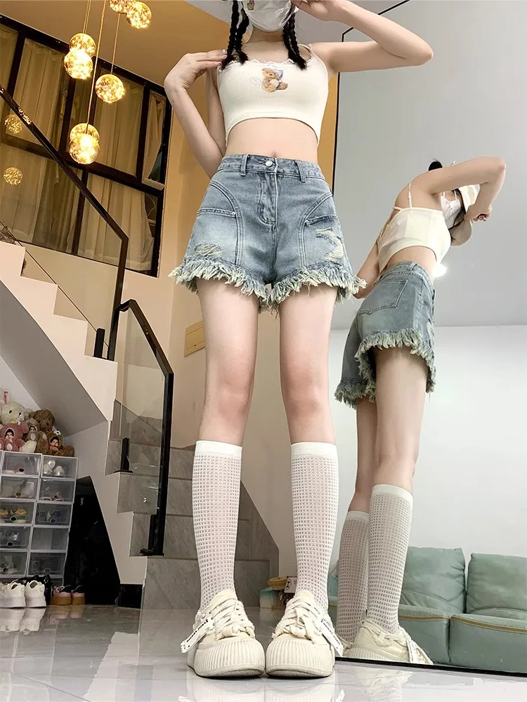 

American Style Spicy Girl Hole Ruffle Denim Shorts Women Summer Thin High Waist A-Line Hot Pants High Waist Short Jeans