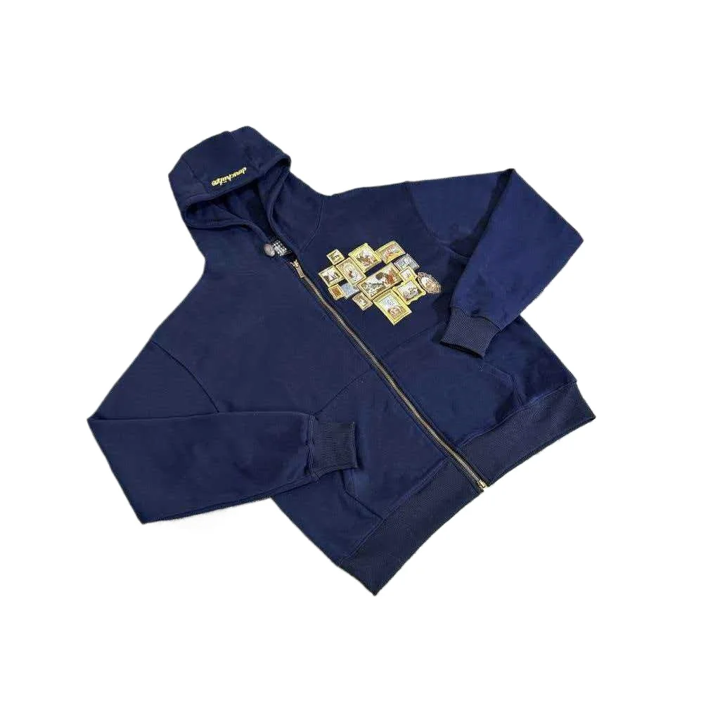 Derschutze High-quality American Street Style Vintage Embroidered Gallery Cardigan Hooded Sweatshirt Trendy Brand