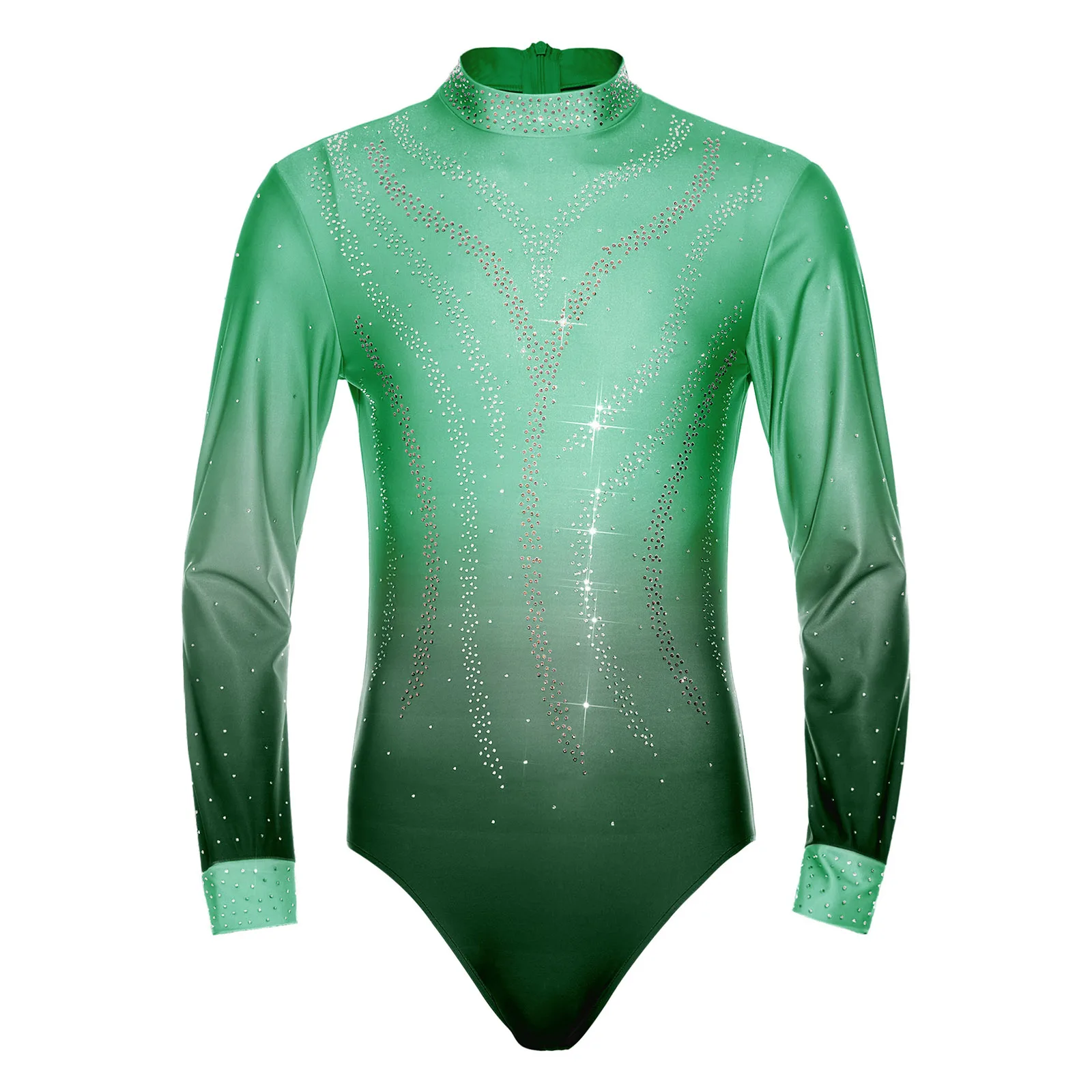 Mens Gymnastic Skating Latin Tango Ballroom Dance Leotard Costume Sheer Mesh Sparkly Rhinestone Disco Bodysuit Shirts Rompers