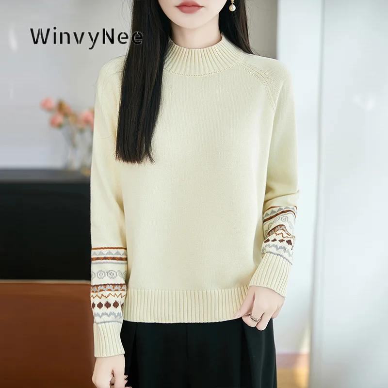 WinvyNee Women 100% Cotton Geometric Pattern Knitted Jumper Mock Neck Raglan Sleeve Sweater Autumn Winter Relaxed Fit ZA1892052