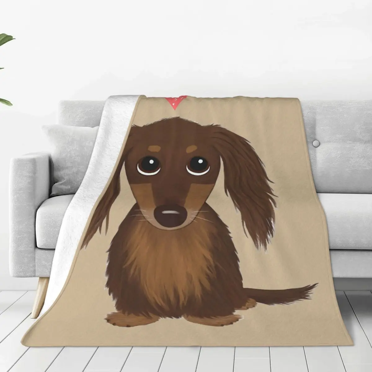 Cute Dog Longhaired Chocolate Dachshund Wiener Dog With Heart Blankets Flannel Throw Blanket Cover for Bed Travel Home Couch