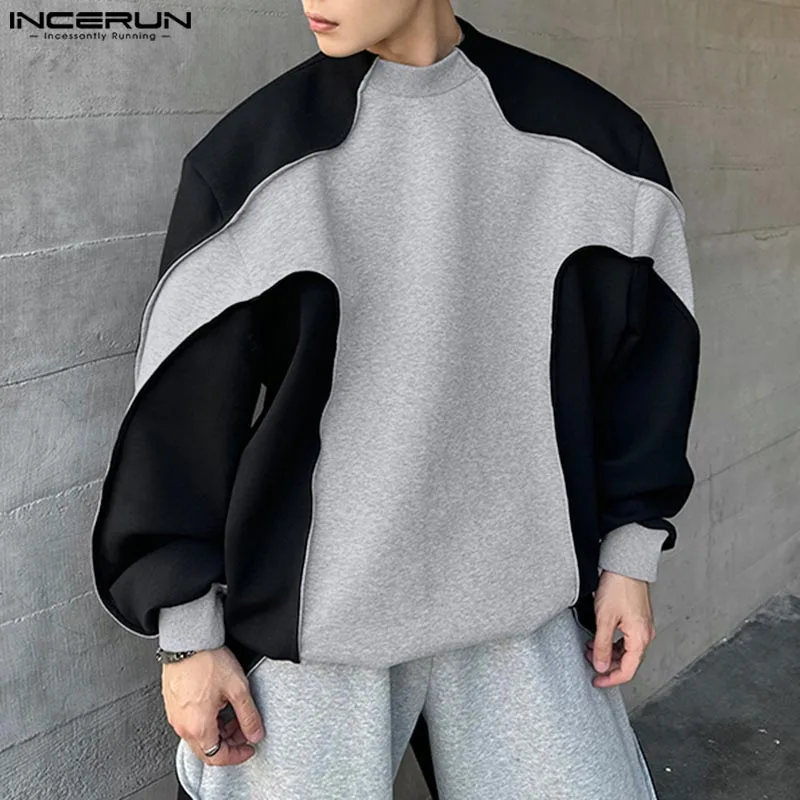 INCERUN Tops 2024 Fashion Men Contrast Deconstruction Design Sweaters Casual Streetwear Male O-neck Long Sleeved Pullovers S-5XL