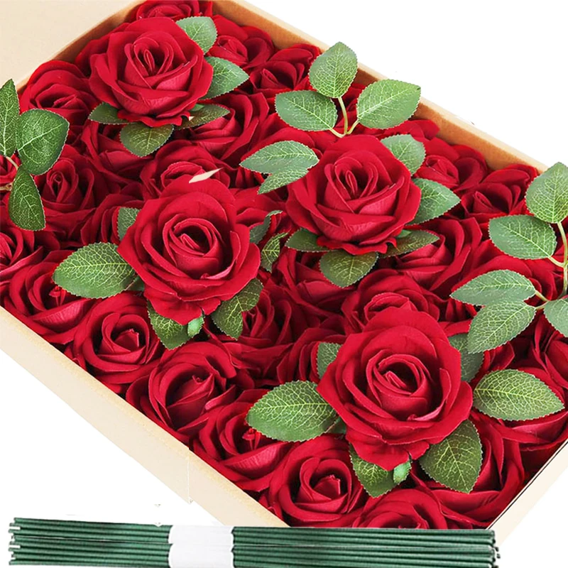 

Fake Roses Flowers Artificial Velvet Roses with Stems for Wedding Bouquets Party Bridal Shower Home Decor 100pcs